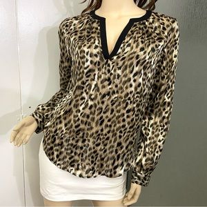 Chaus New York animal print V neck tunic blouse cheetah leopard stripe sem sheer